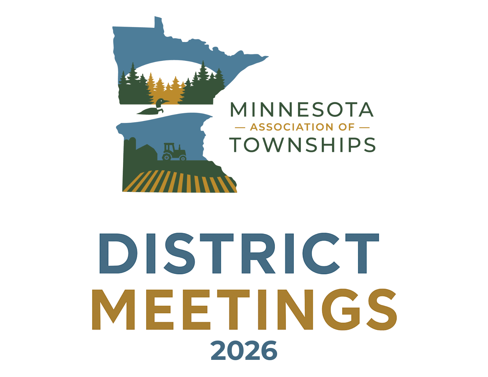Map outline of Minnesota with icons of a forest, a lake, and a farm with a tractor, surrounding the text 'Minnesota Association of Townships'.