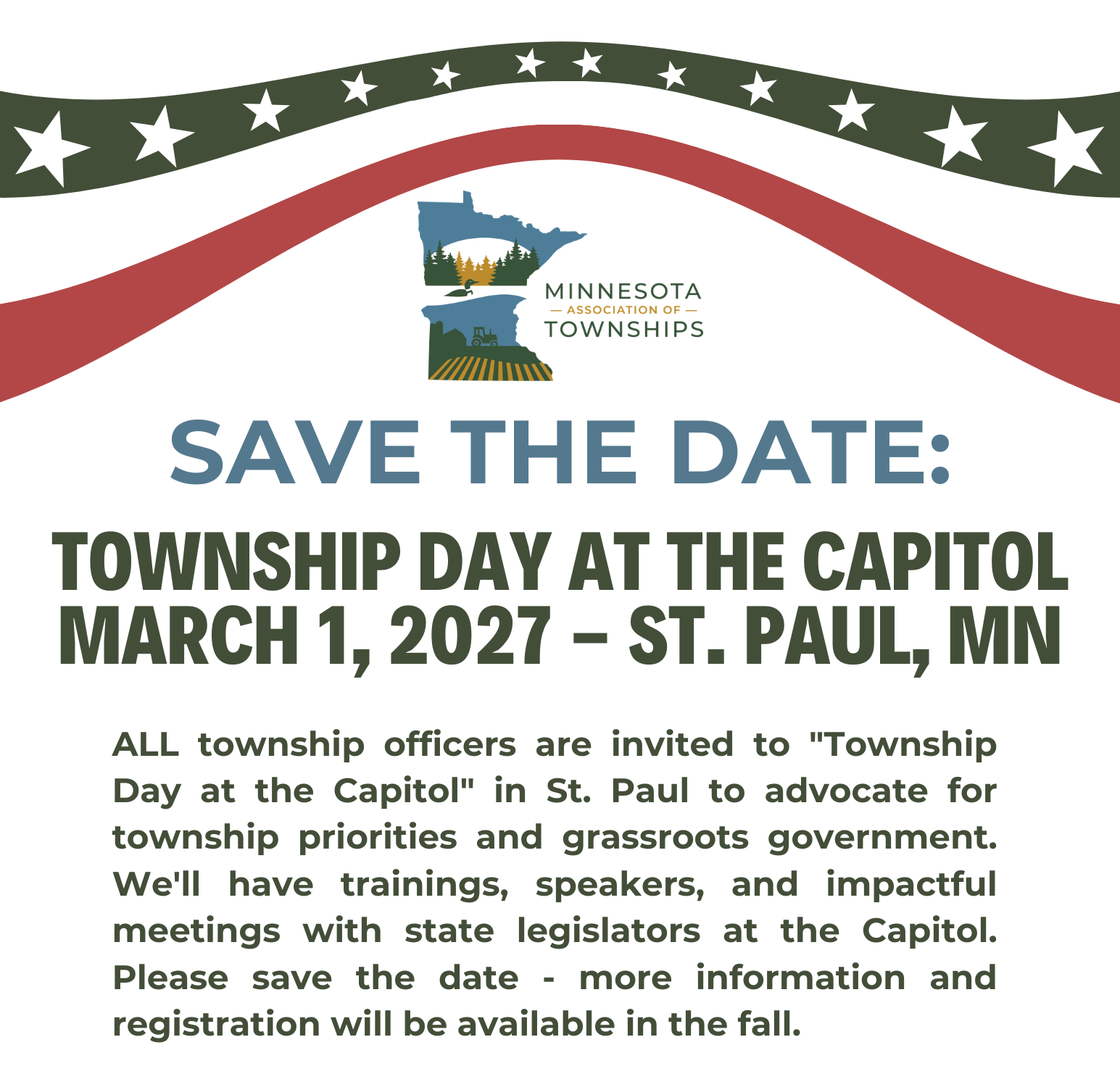 Graphic promoting a Minnesota Township Day event on March 1, 2027, in St. Paul, featuring patriotic colors, stars, and a Minnesota state outline with natural and agricultural illustrations.