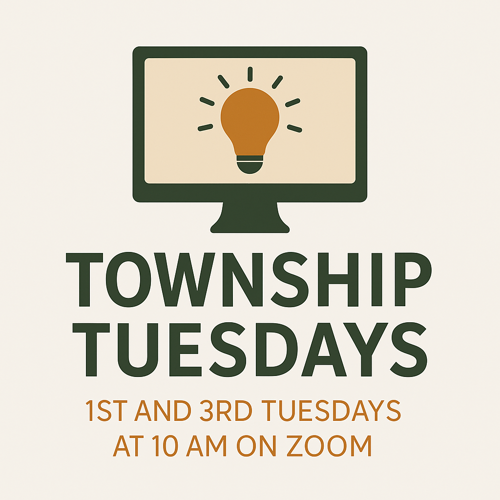A digital graphic promoting 'Township Tuesdays' with a computer monitor displaying a lightbulb icon. The event occurs on the first and third Tuesdays at 10 AM via Zoom.