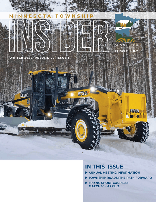 Cover of Minnesota Township Insider magazine showing a yellow snow plow truck on a snowy road with a snowy forest background, and a logo of Minnesota township associations.