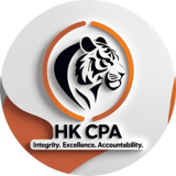 Logo with a stylized lion's head and the letters 'HK CPA' below it