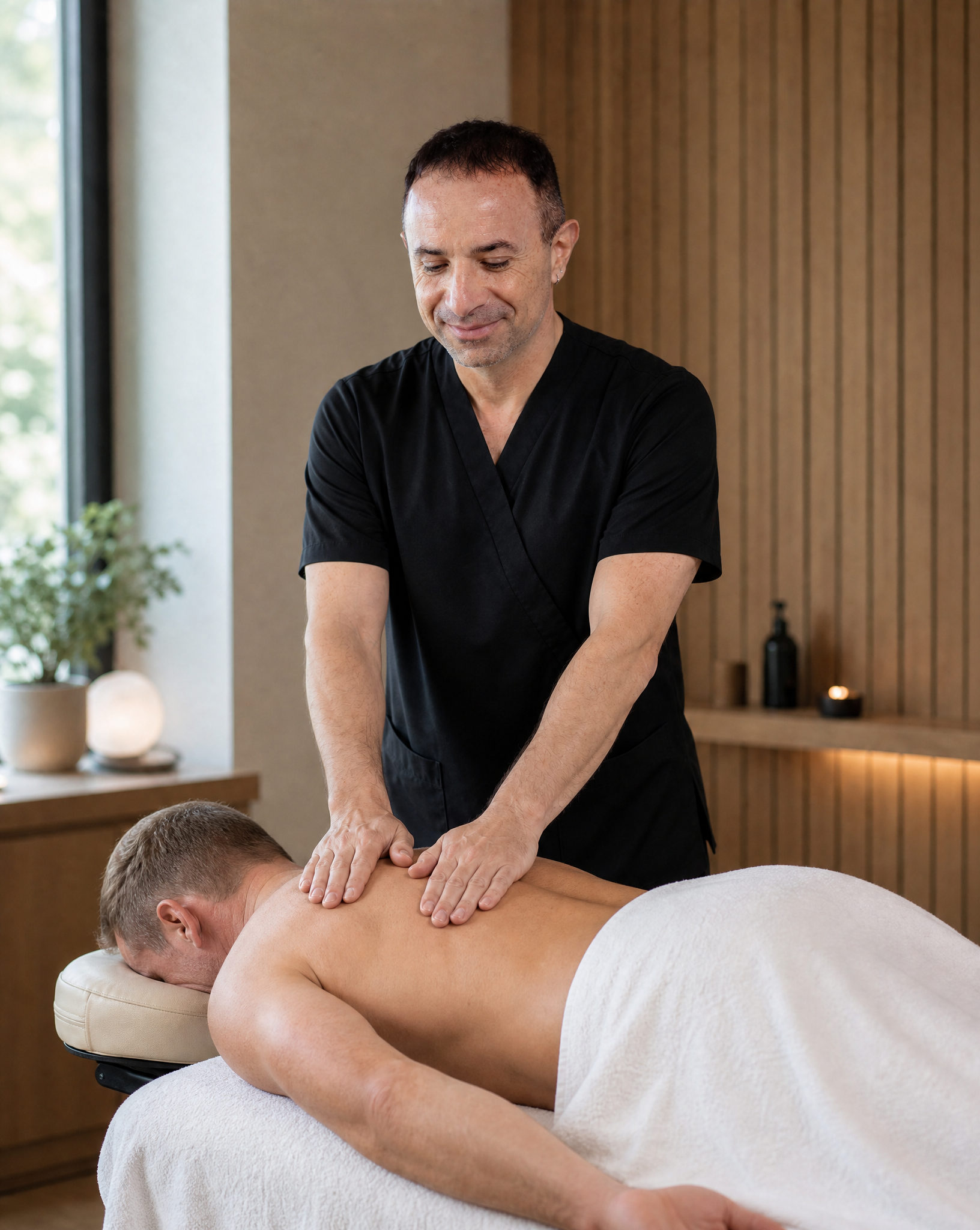 A massage therapist performs a massage on a client lying face down on a massage table in a spa room with wooden wall paneling.
