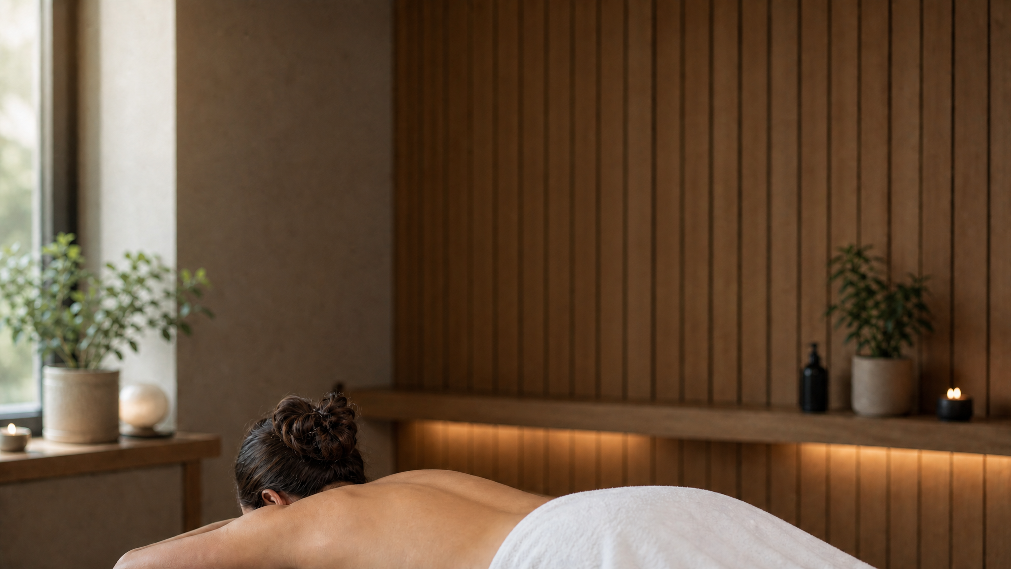 Person receiving a massage in a spa room with a wooden accent wall, candles, and potted plants