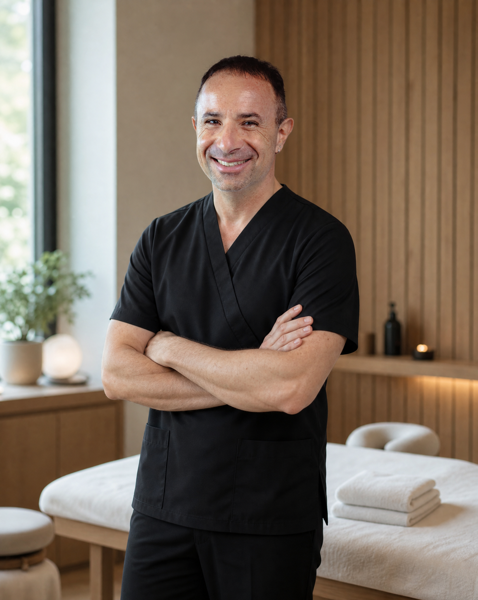 A smiling man with short dark hair, wearing black medical scrubs, standing with his arms crossed in a modern, warmly lit room with wooden wall paneling and folded towels on a table.