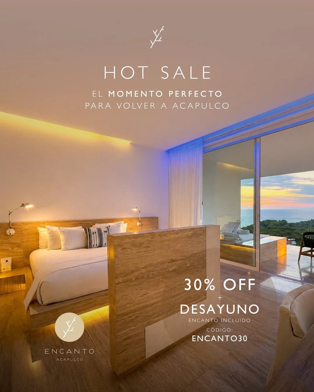 Poster promoviendo una tarifa especial para Encanto Acapulco, con una habitacion suite con cama y paisaje al fondo.