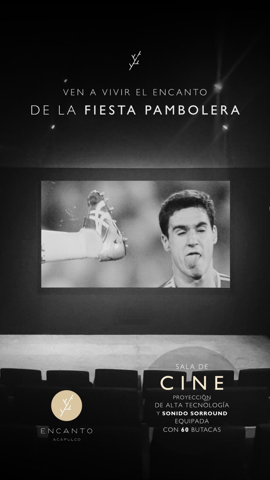 Poster promoviendo  'Fiesta Pambolera' evento en Encanto Acapulco, con foto de un futbolista sacando la lengua y detalles sobre el cine donde se transmite el evento