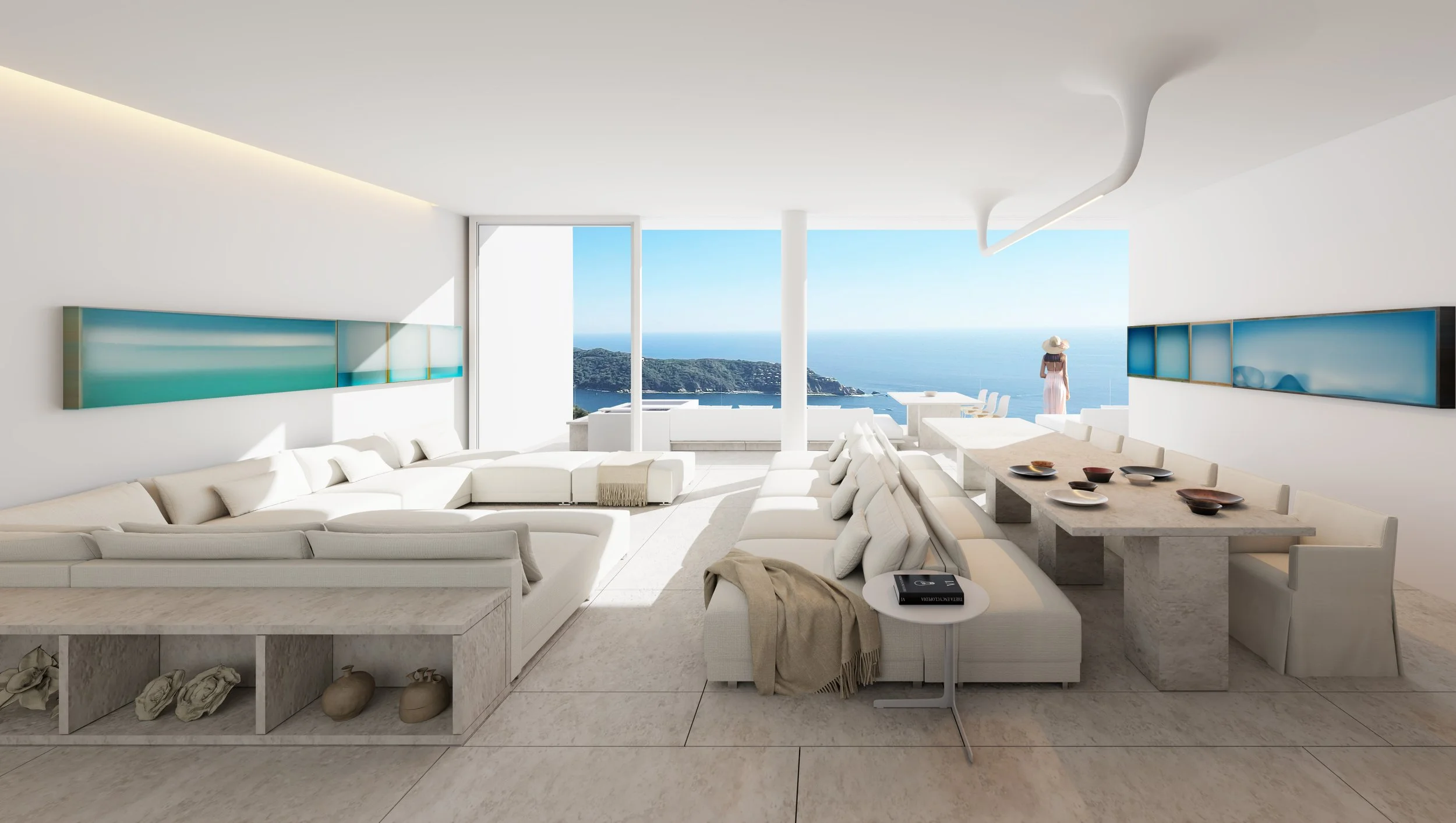Sala blanca abierta al mar en residencias de lujo Acapulco de arquitectura minimalista por Aragonés. Render Oscar Velez
