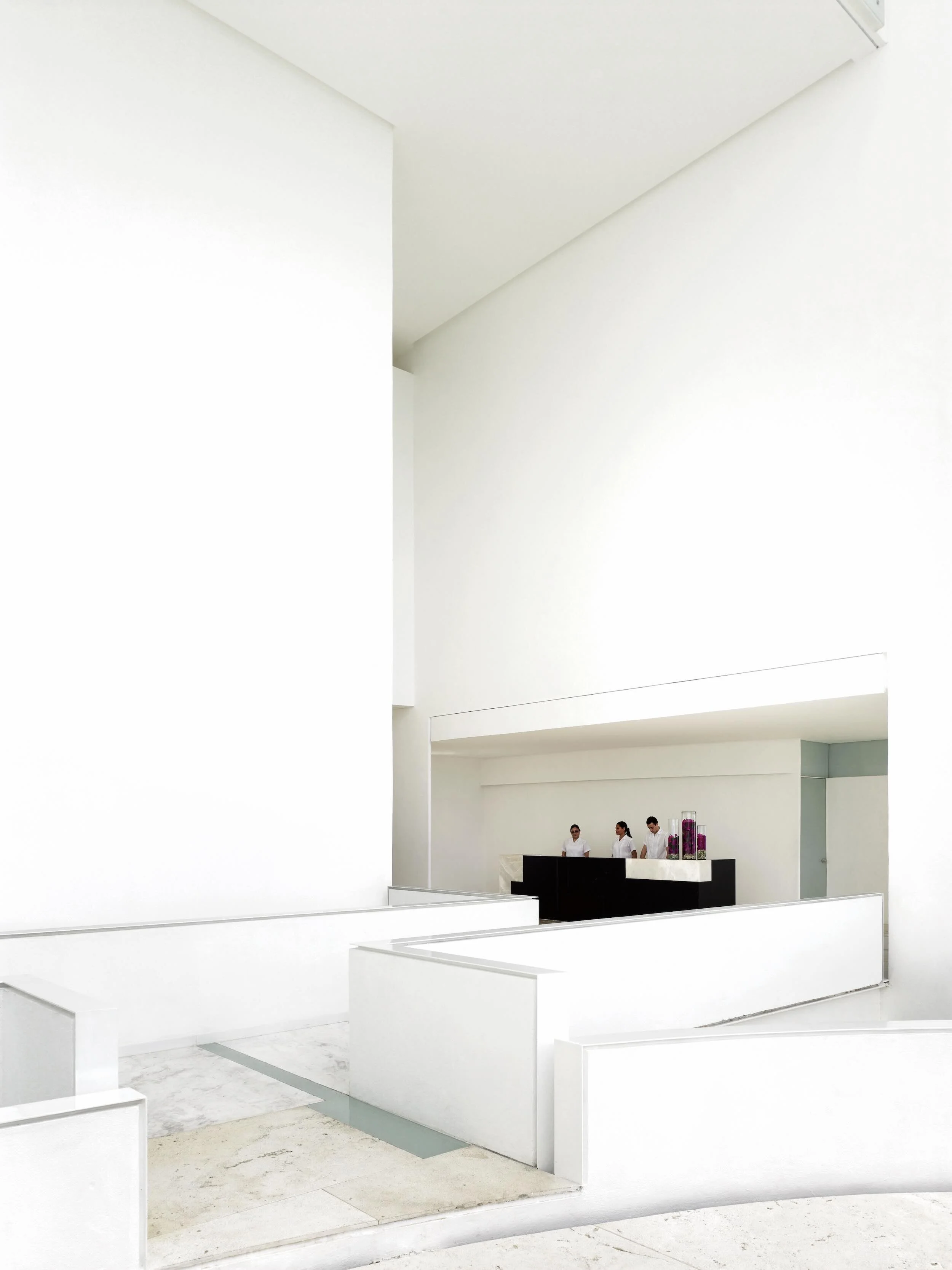 Arquitectura contemporánea de Miguel Ángel Aragonés en la fachada de Hotel Encanto Acapulco. Fotografía de Joe Fletcher. Espacio arquitectonico de doble altura en blanco y negro.