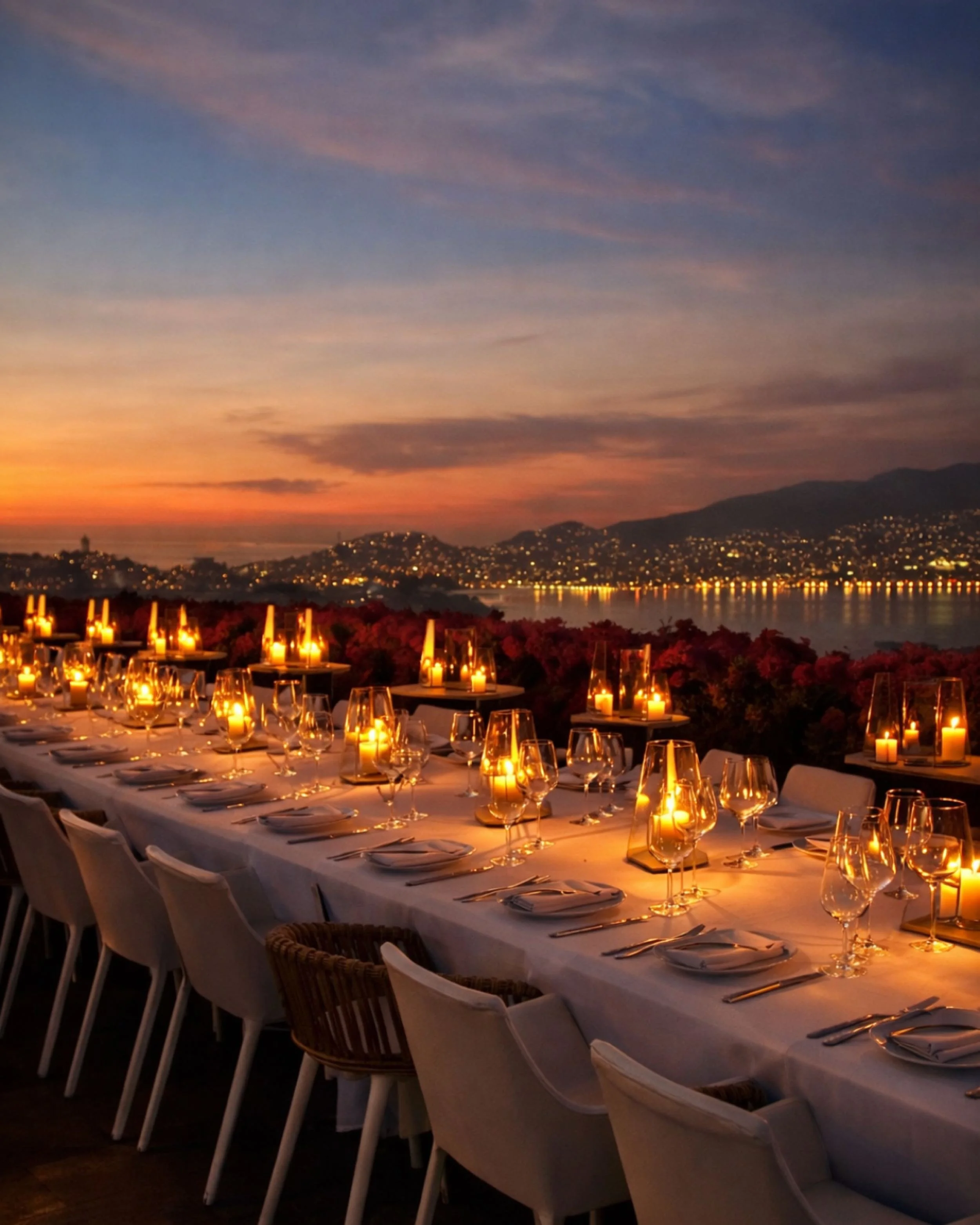 Mesa comunal al aire libre frente a la bahía en Hotel Encanto Acapulco. Espacios geométricos para eventos de culto.