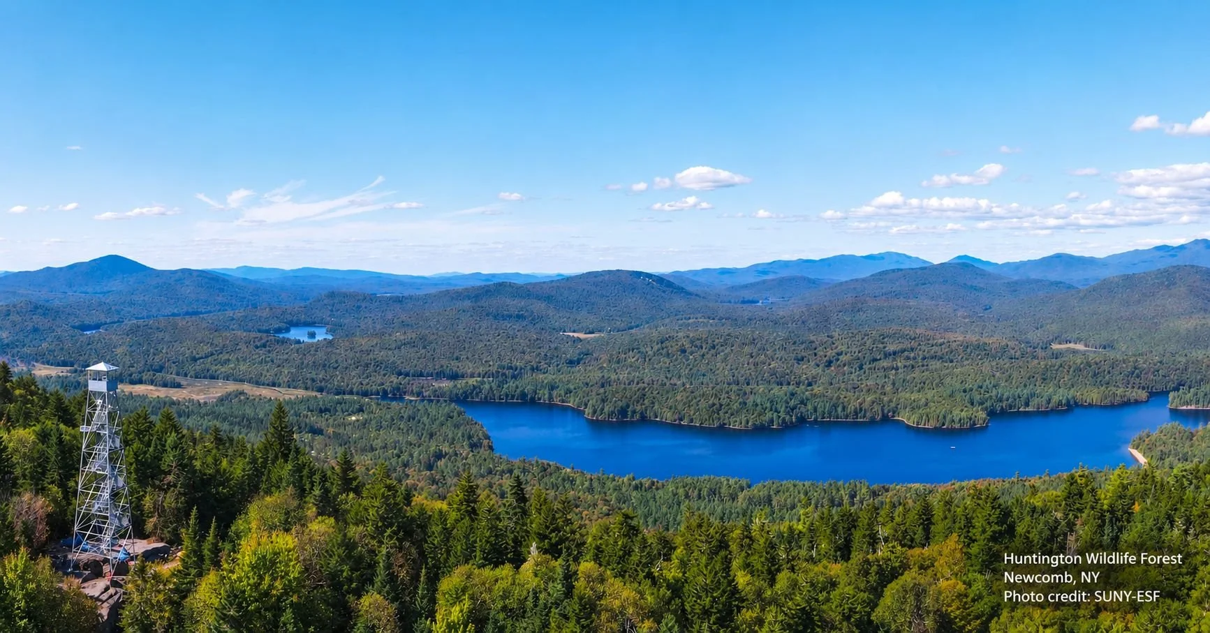Aerial view of the Huntington Wildlife Forest in Newcomb, New York: a fire tower above forested hills and a long blue lake. Photo credit: SUNY-ESF.