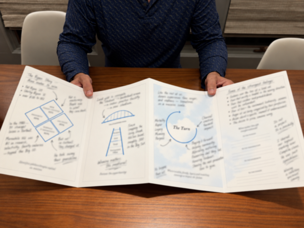 The marked-up Turn framework: a four-panel foldout covered in handwritten notes