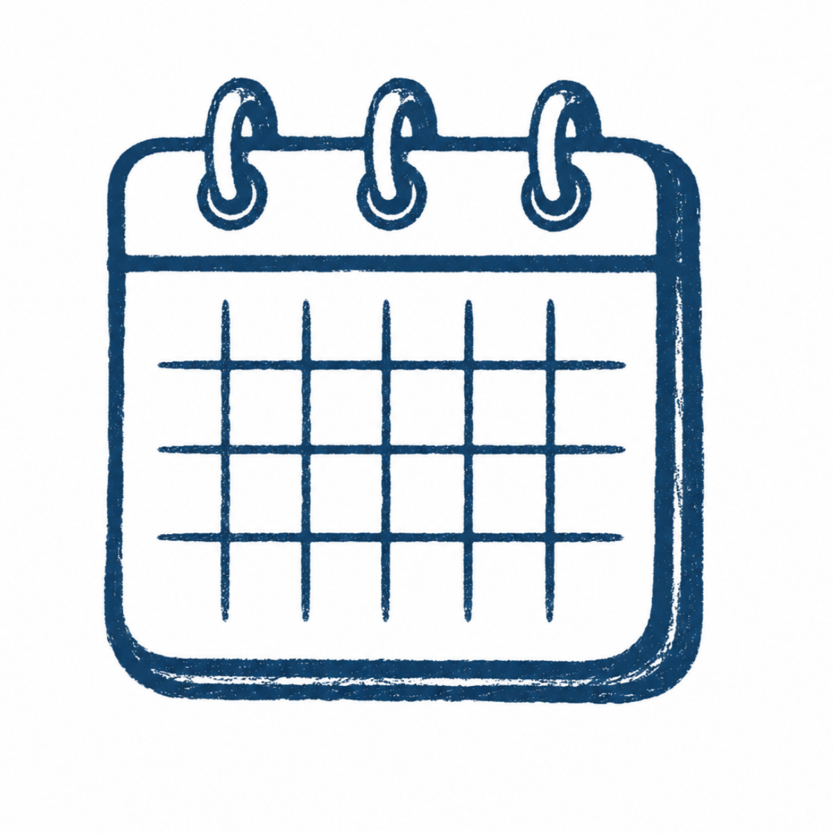 Line drawing of a calendar with a grid, featuring three visible rings at the top for hanging.