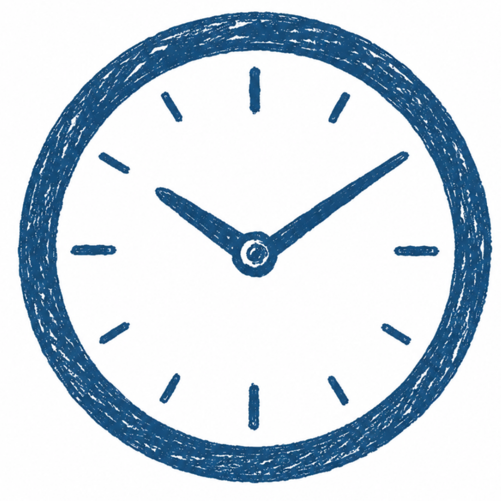 Hand-drawn blue clock showing the time as 10:10.