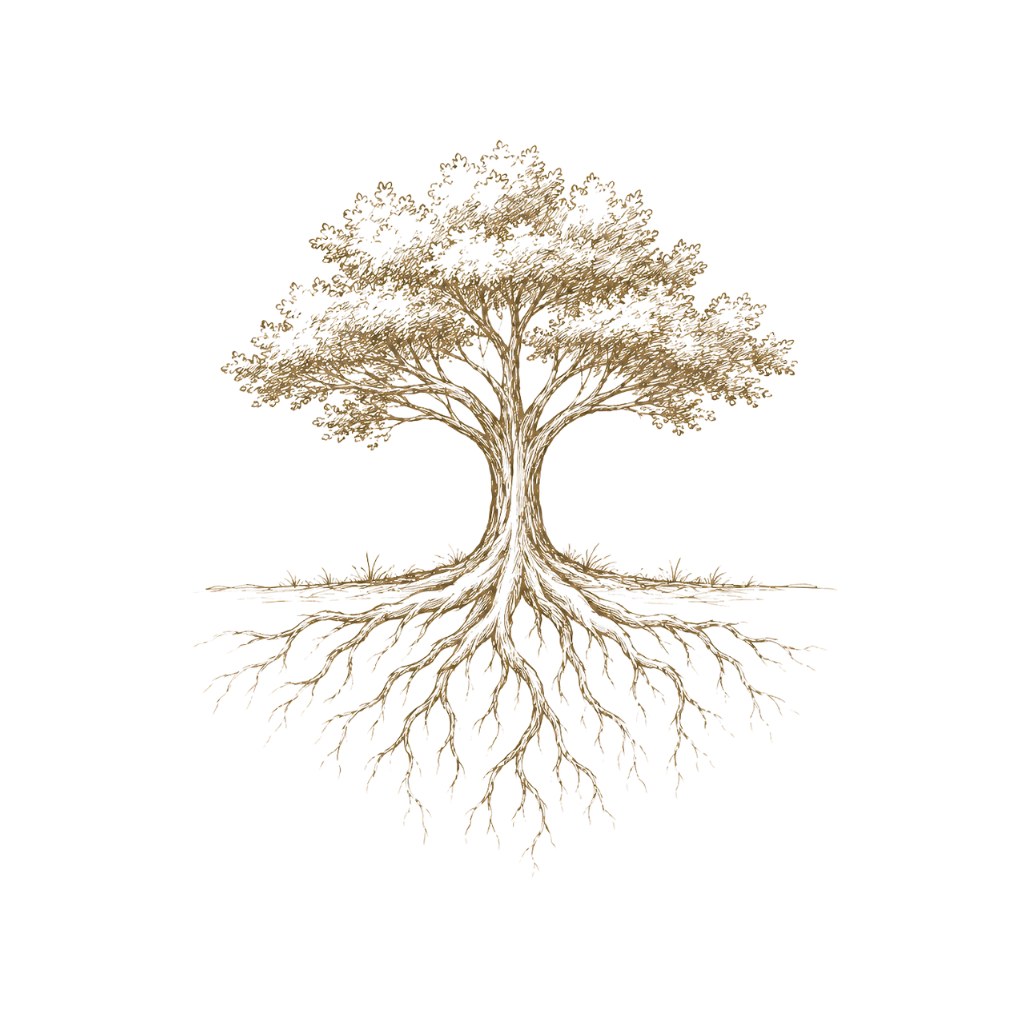 A detailed illustration of a tree with extensive root system, showing the tree's branches and leaves above ground and roots below ground.