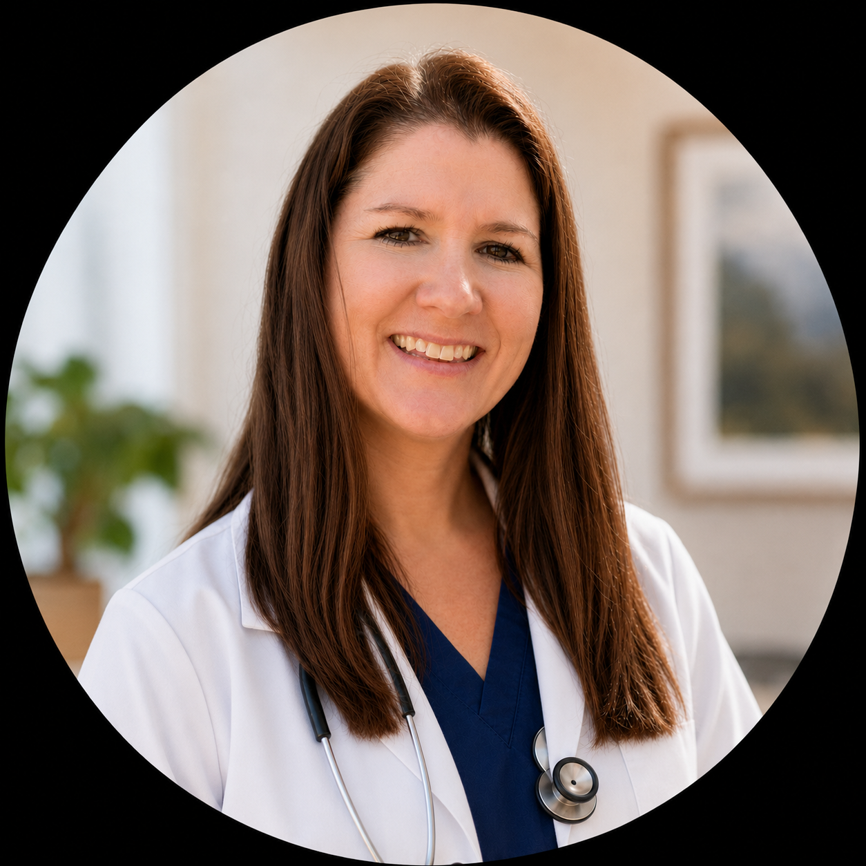 A smiling female healthcare professional with long brown hair, wearing a white coat and blue scrubs, with a stethoscope around her neck, in a room with a framed picture and a plant in the background.