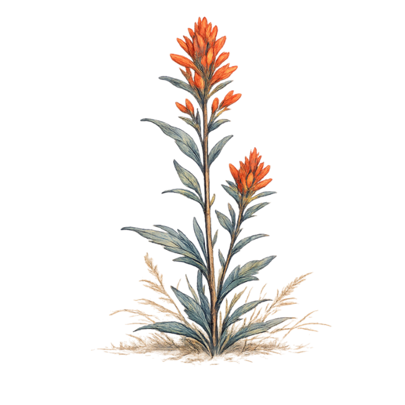 A watercolor illustration of an orange flowering plant with blue-green leaves, growing from sandy ground.