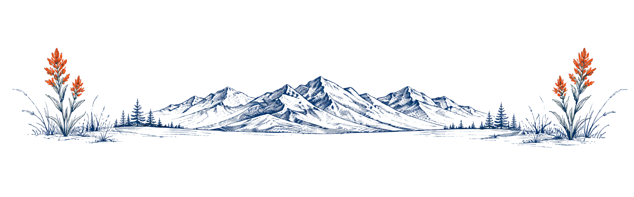 An illustrated mountain landscape with snow-capped peaks, trees, and orange flowers in the foreground.
