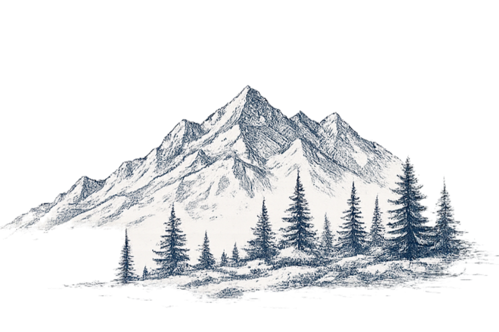 Drawing of a snow-capped mountain with pine trees at its base.