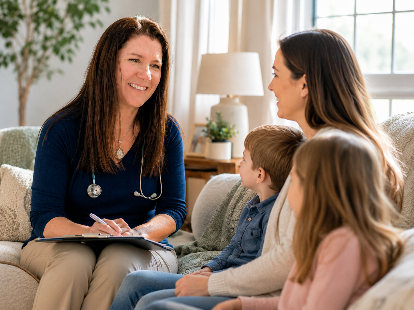 A female healthcare professional, wearing a stethoscope around her neck, talking to a woman and two children in a living room.
