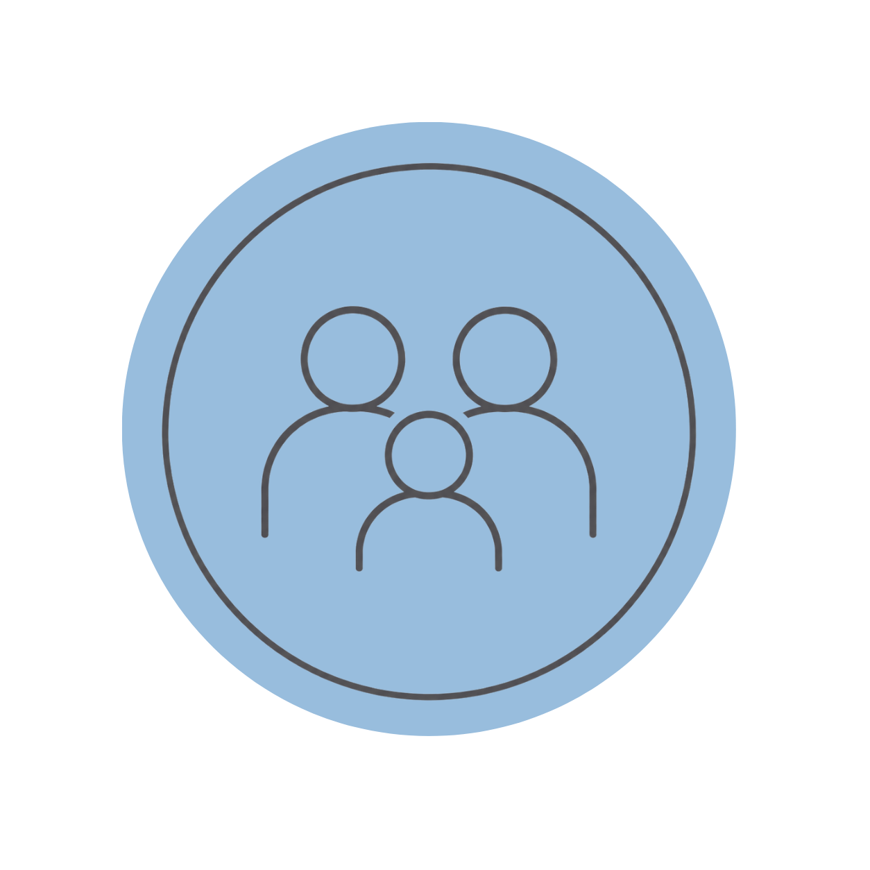 Icon of a person with three figures inside a blue circle, representing a group or community.
