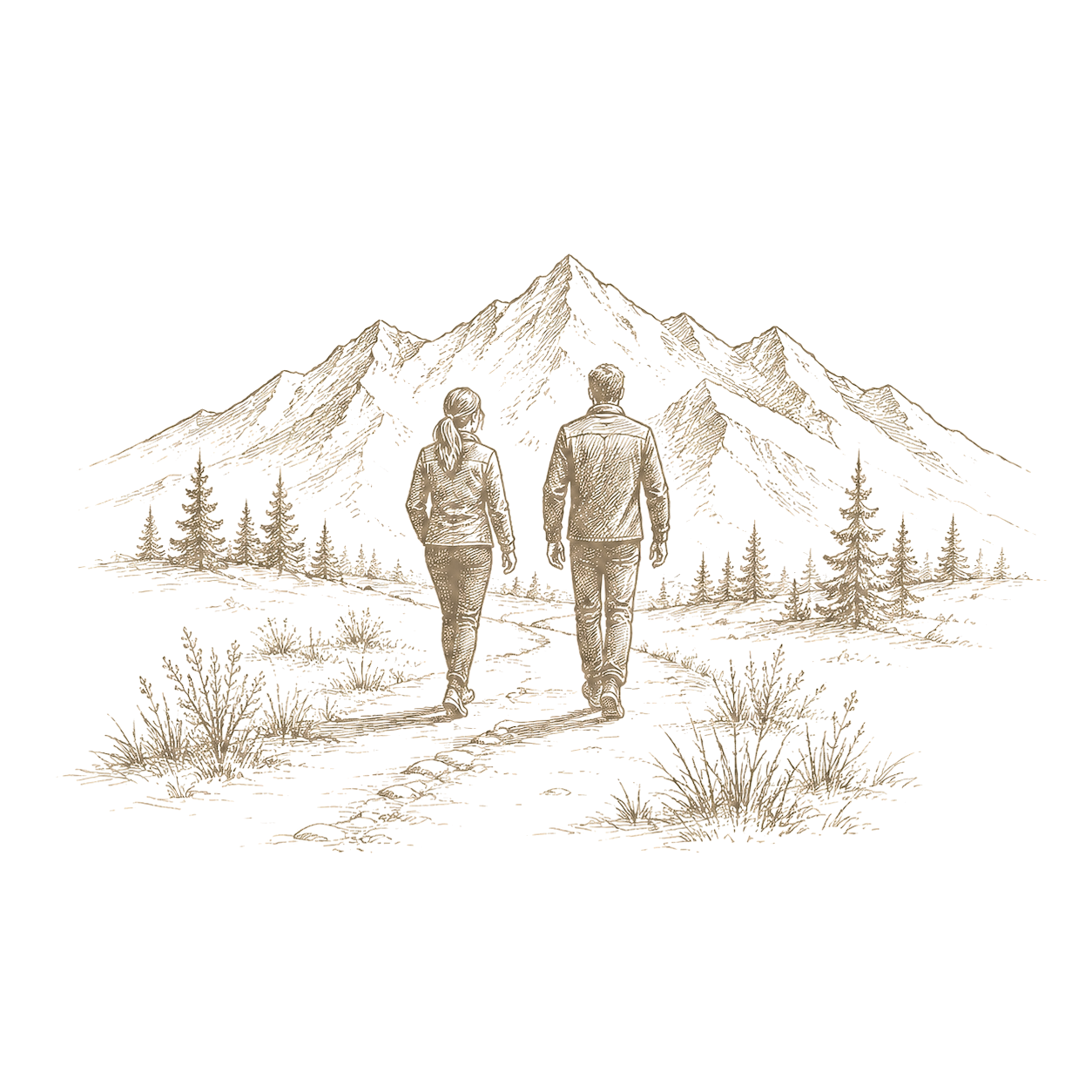 Illustration of a man and woman walking together towards a mountain range with pine trees and shrubs in the foreground.