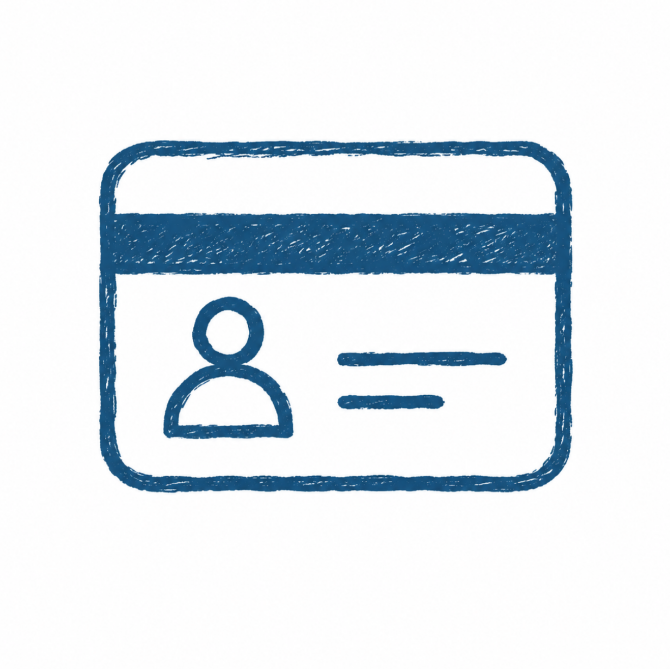 Illustration of a blue sketch-style user ID card with a person icon and two lines of text.