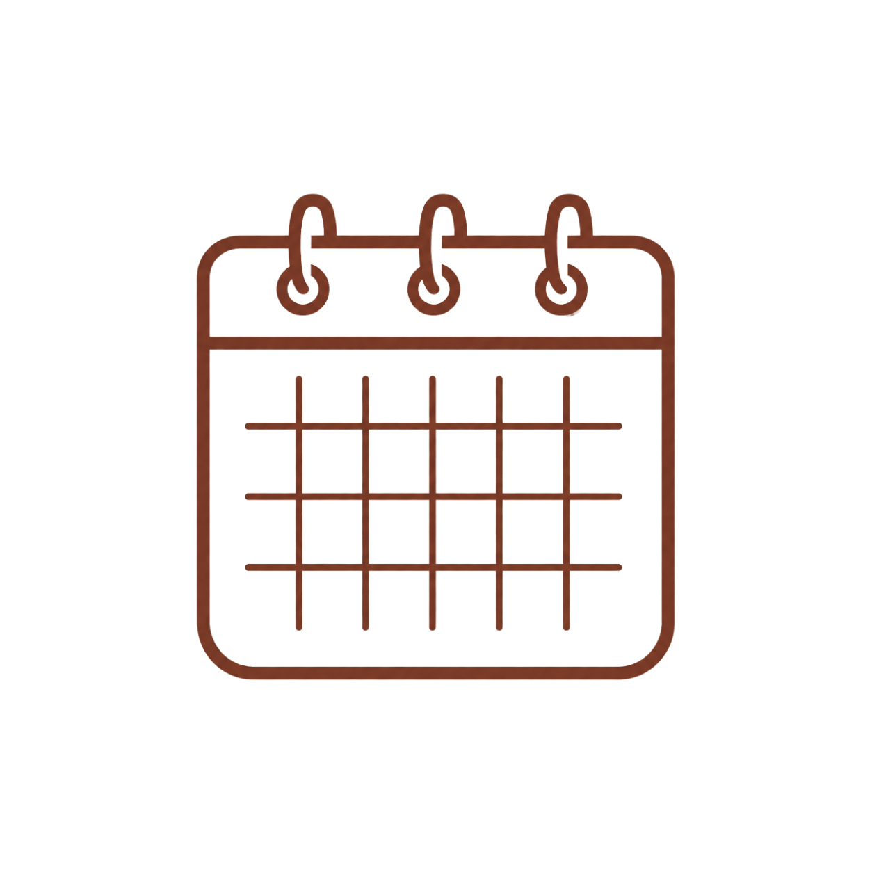Calendar with red, yellow, blue, brown, white, and black markings on a grid, hanging from hooks.