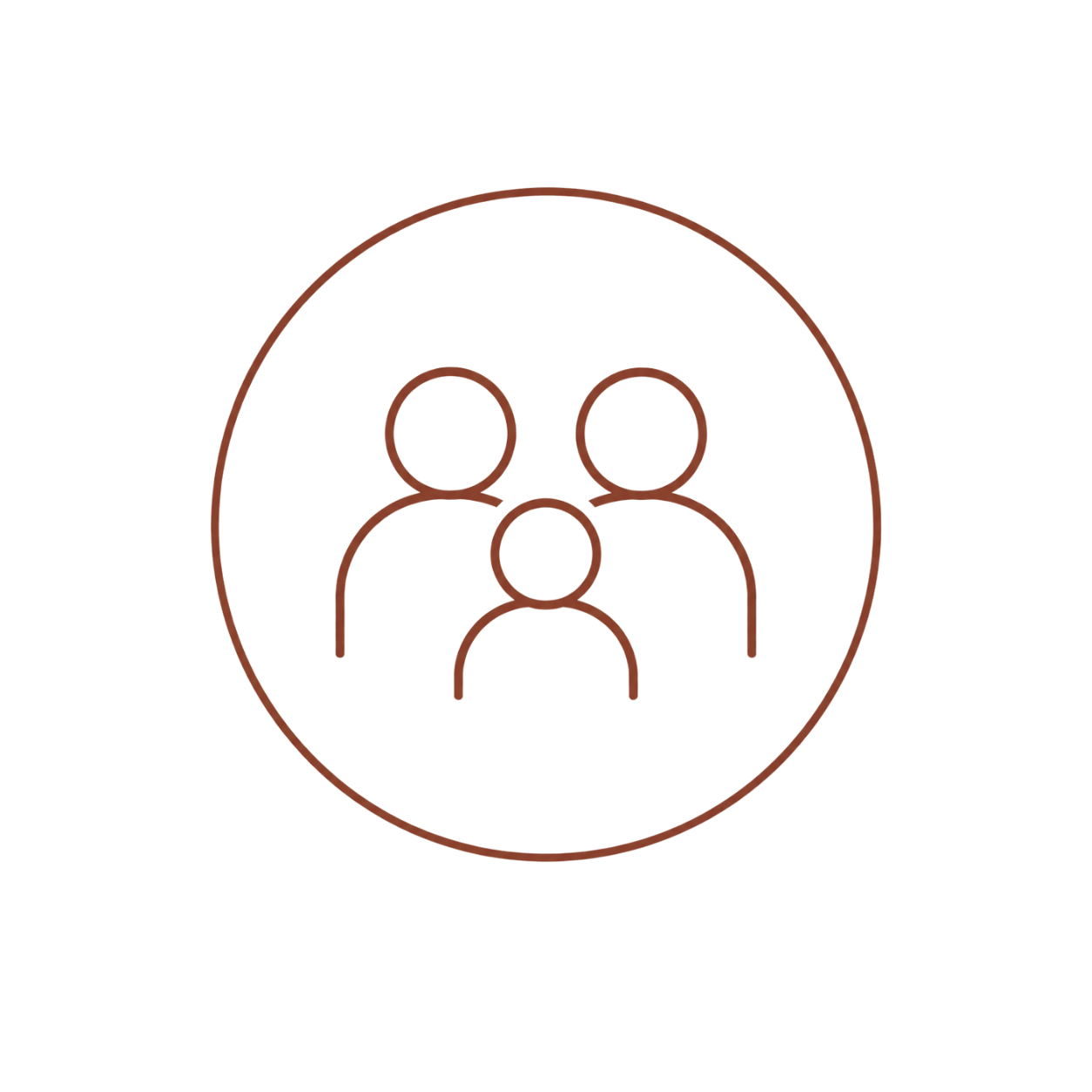 Line drawing of three people, one in the front and two behind, inside a circle, representing a group or community.