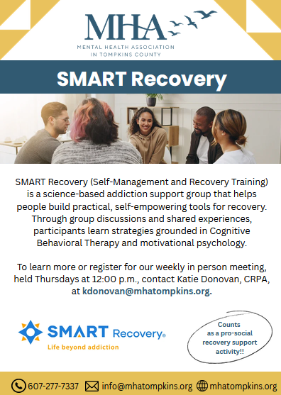 Flyer for SMART Recovery featuring a group therapy session.