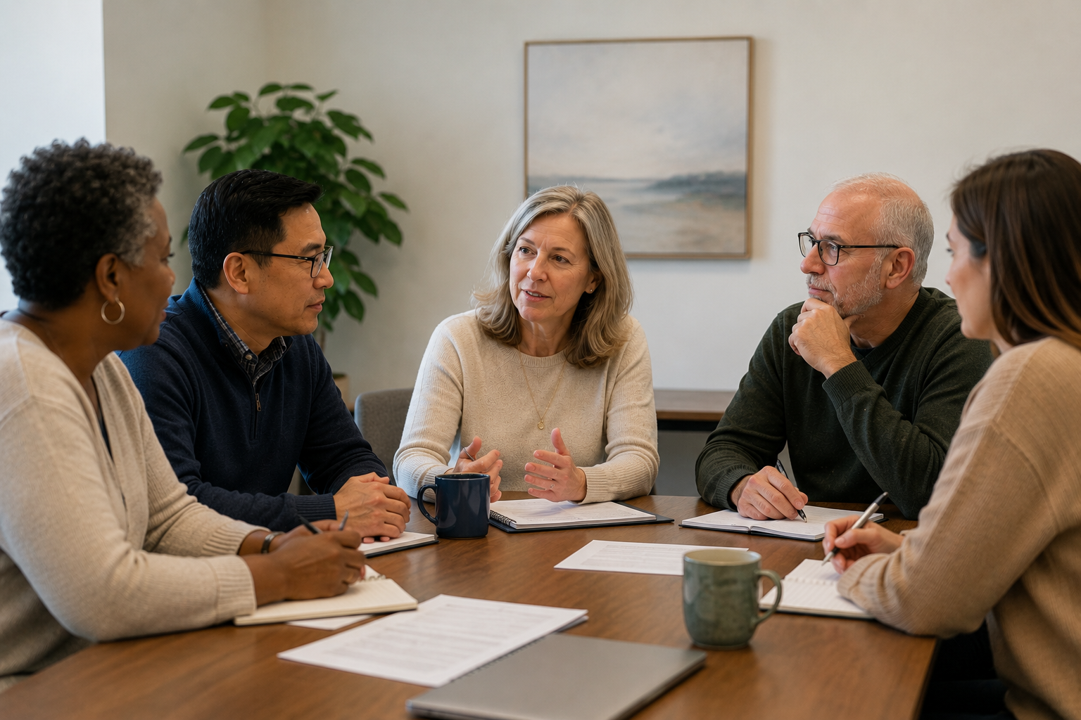 Five diverse adults having a meeting around a wooden conference table, engaged in a discussion.