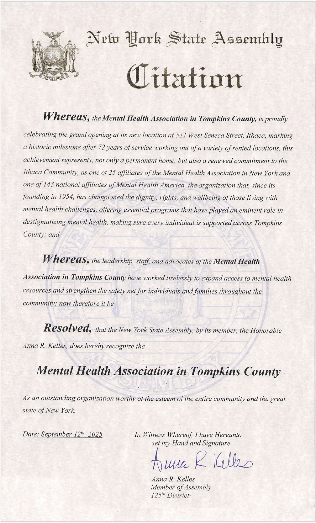 New York State Assembly Citation