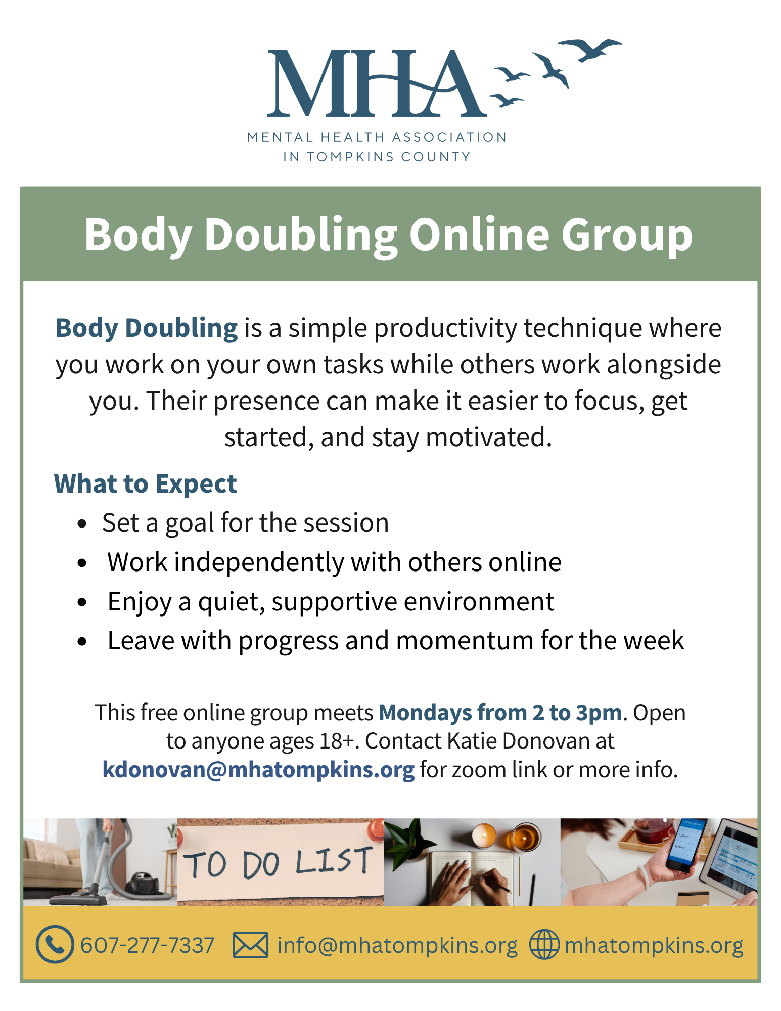 Flyer for MHA in Tompkins County promoting SMART Recovery Science Based Support Meetings. The flyer features a diverse group of happy people and provides details for weekly meetings, including time, location, and contact information.