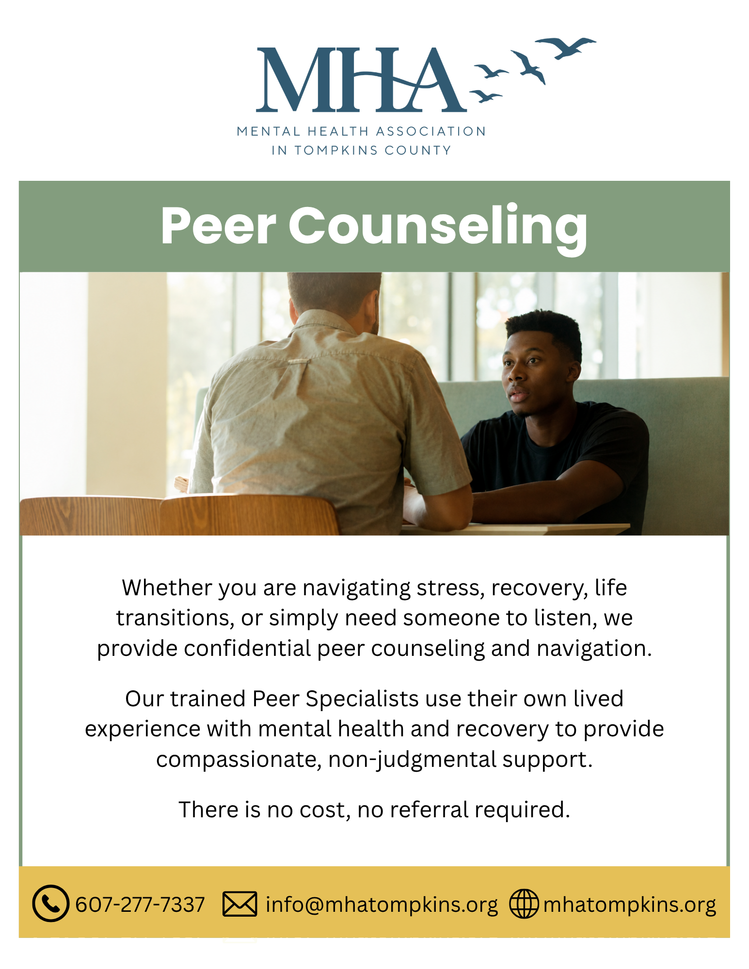 Flyer for Mental Health Association in Tompkins County promoting confidential peer counseling services.