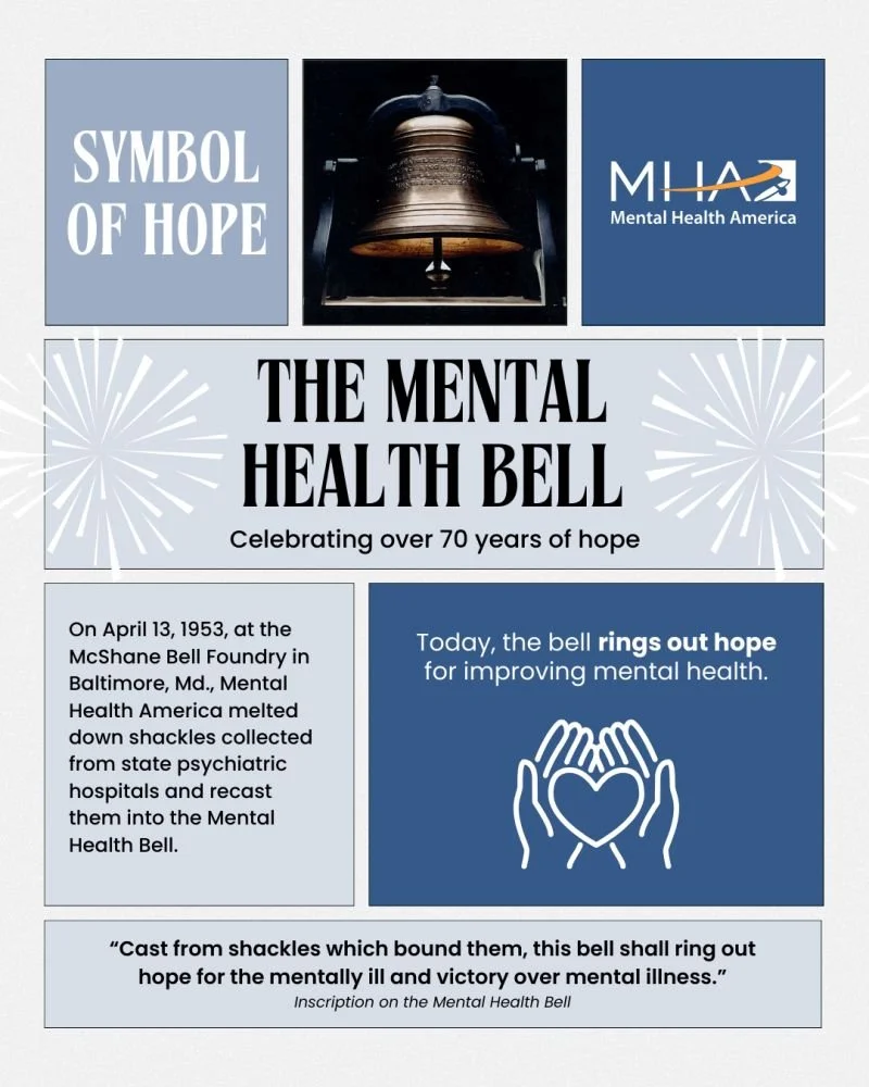 Informational poster about the mental health bell, featuring a bell image, a symbolic hope message, and historical facts about the origin of the mental health bell in Baltimore in 1953.