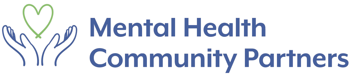 Graphic with two hands holding a heart, and the text "Mental Health Community Partners"