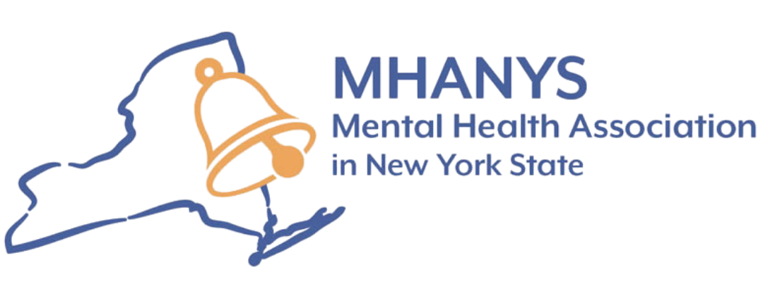 Outline map of New York State with a gold bell icon and the text "MHANYS Mental Health Association in New York State".