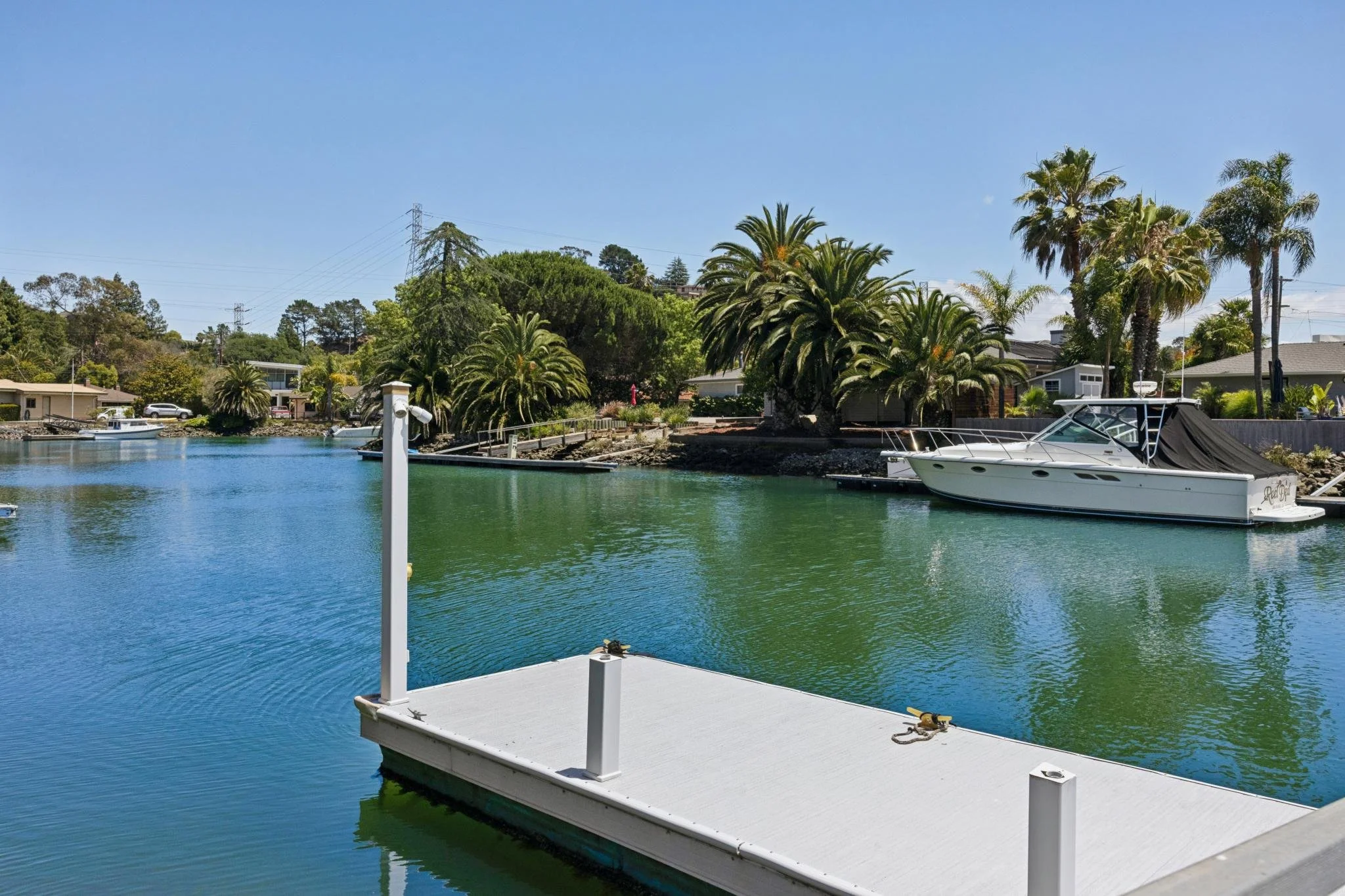 View of a marina with a docked white boat and several palm trees along the shoreline under a clear blue sky.