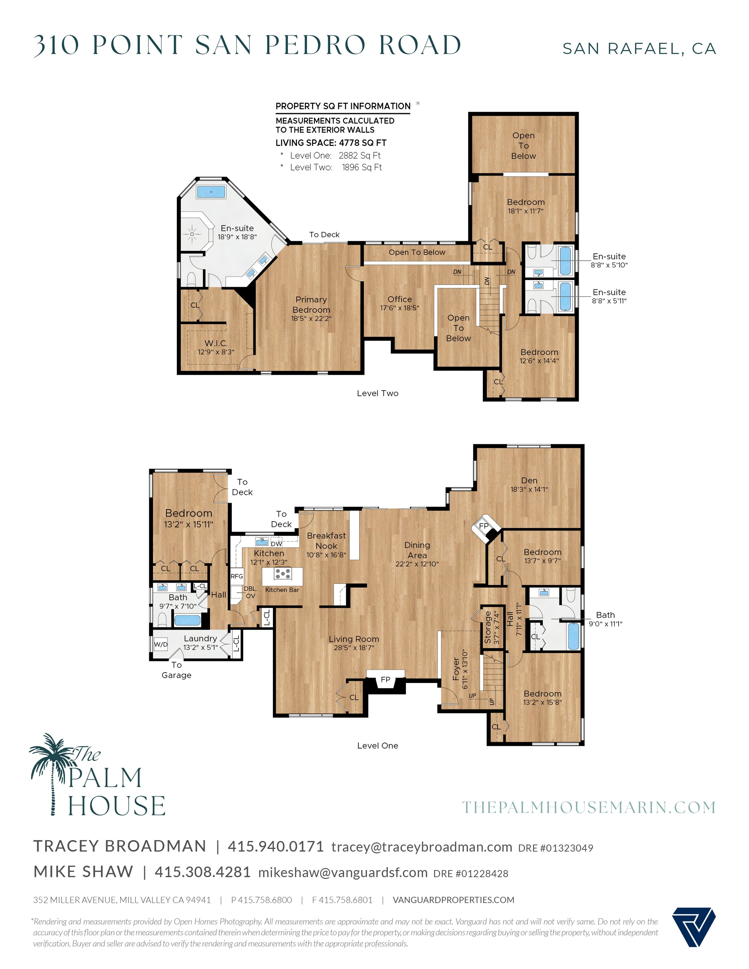 Floor plan of a two-story house with detailed room layouts, dimensions, and labels, including bedrooms, bathrooms, kitchen, living rooms, office, den, garage, and outdoor areas.