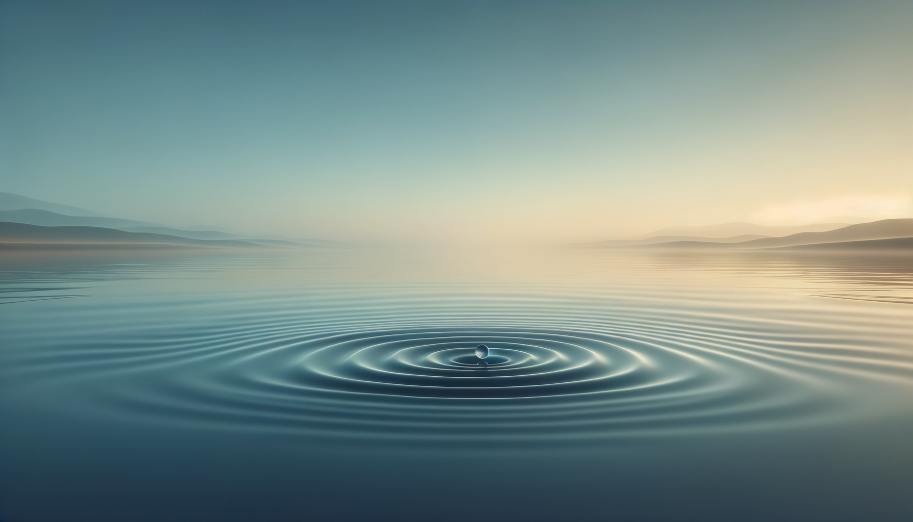 A calm body of water with concentric ripples and a single water droplet creating a splash, with distant hills and a gradient sky at sunrise or sunset.