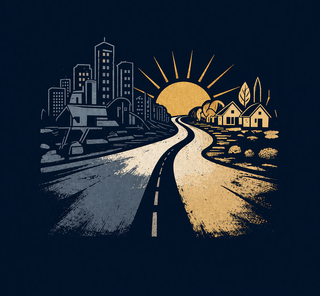 Artwork illustrating a transition from urban cityscape on the left to rural countryside on the right, with a sun rising or setting in the background.