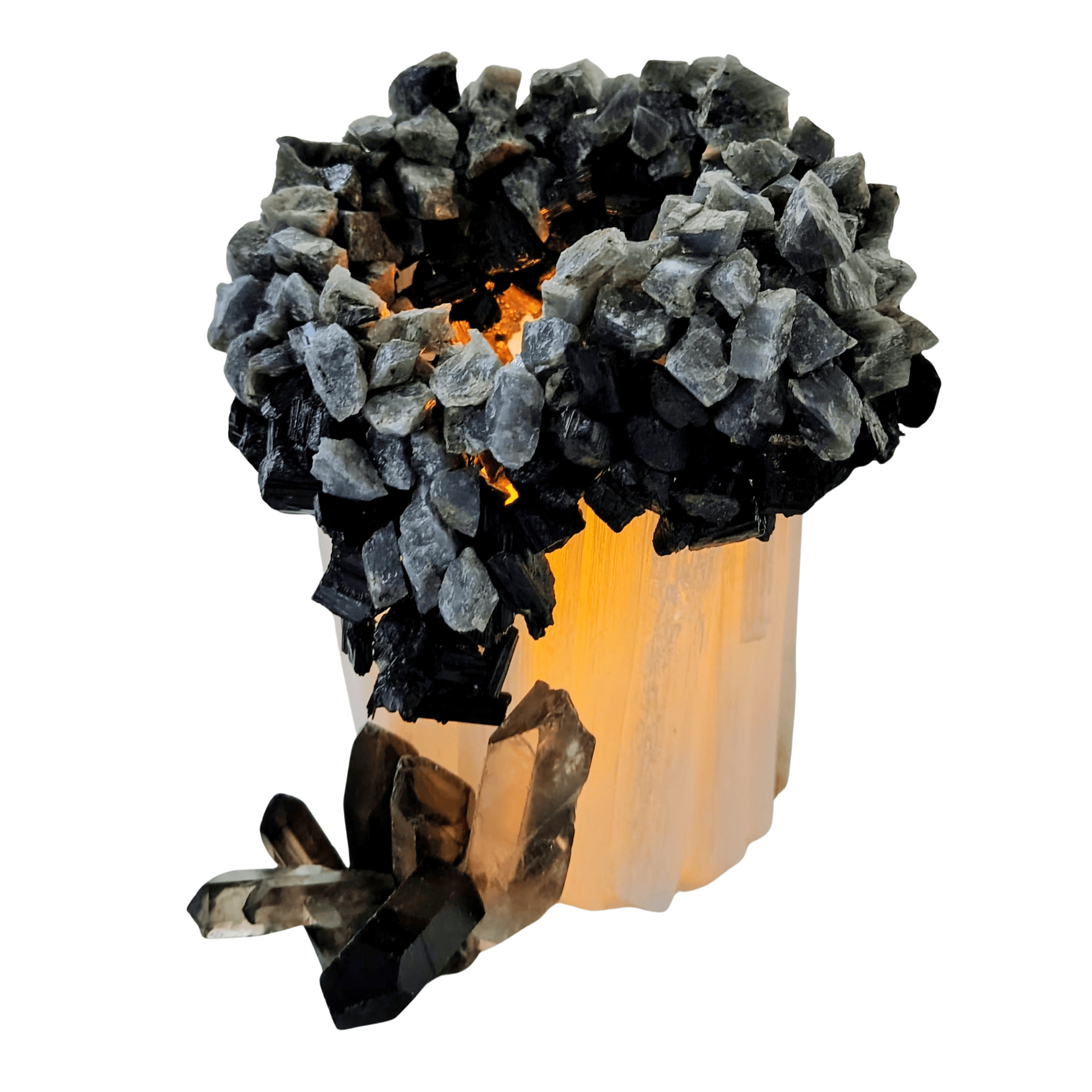 Selenite, Smokey Quartz, Black Tourmaline, Labradorite Candleholder/Lamp