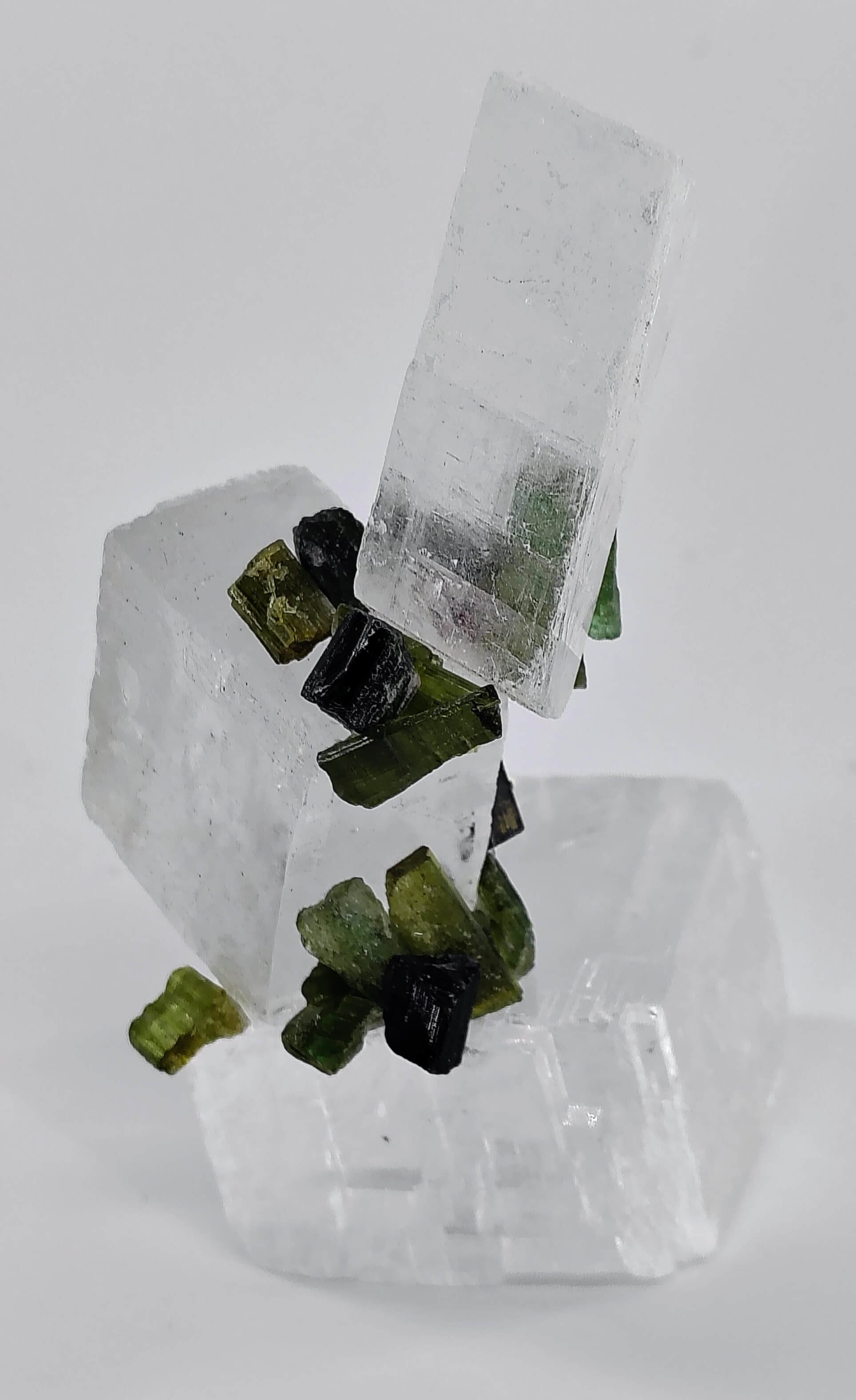 Green Tourmaline, clear calcite 2.jpg