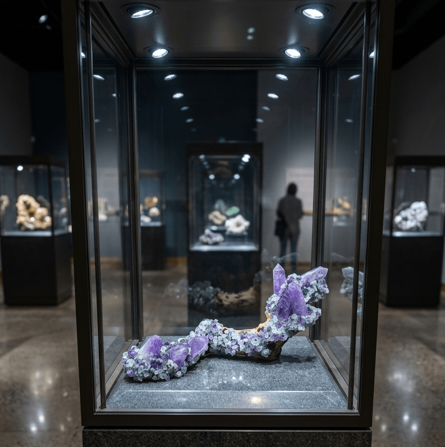 Purple crystal cluster displayed in a glass case at a museum.