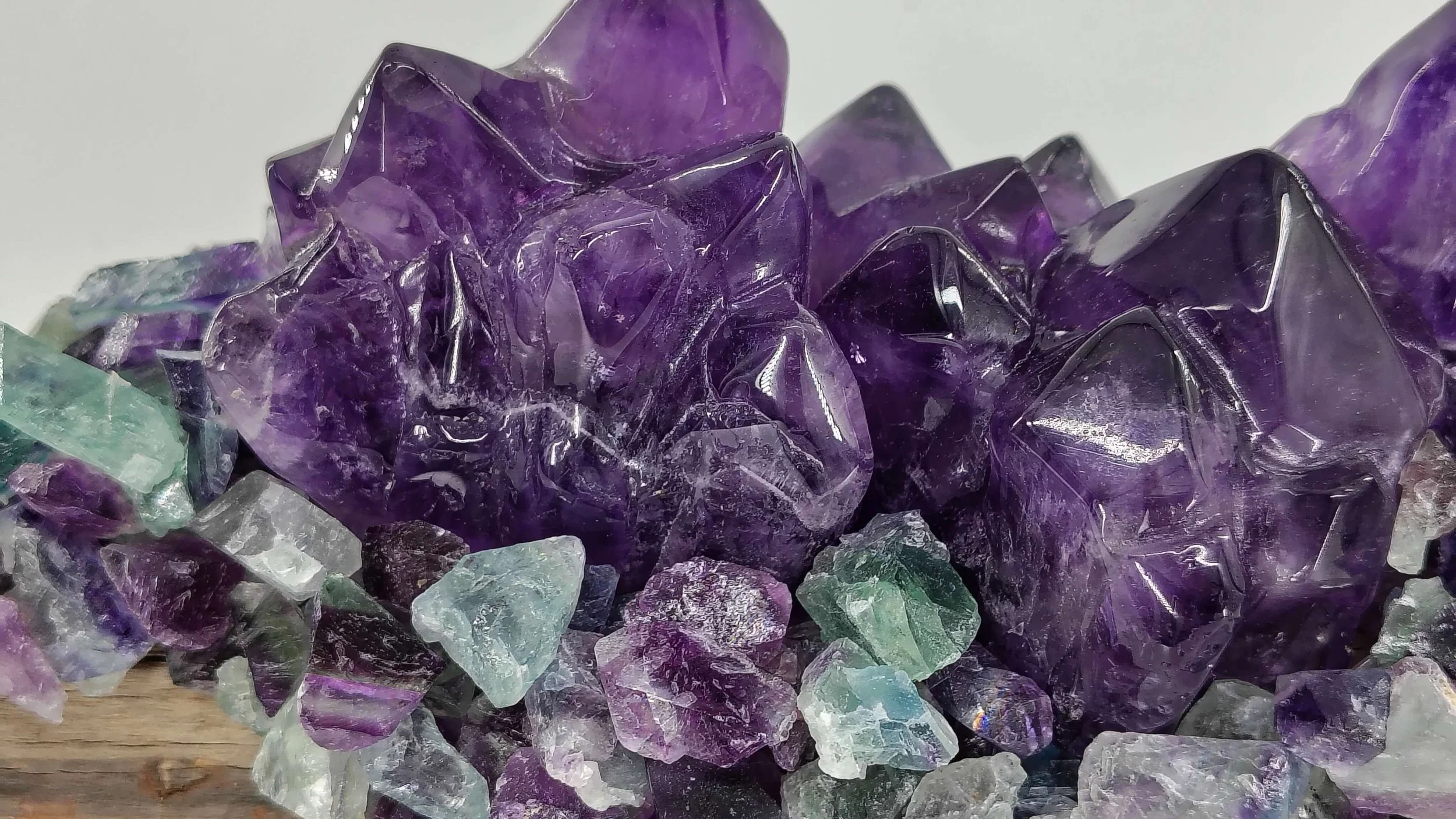 Amethyst,rainbow flourite on hardwood 4.jpg