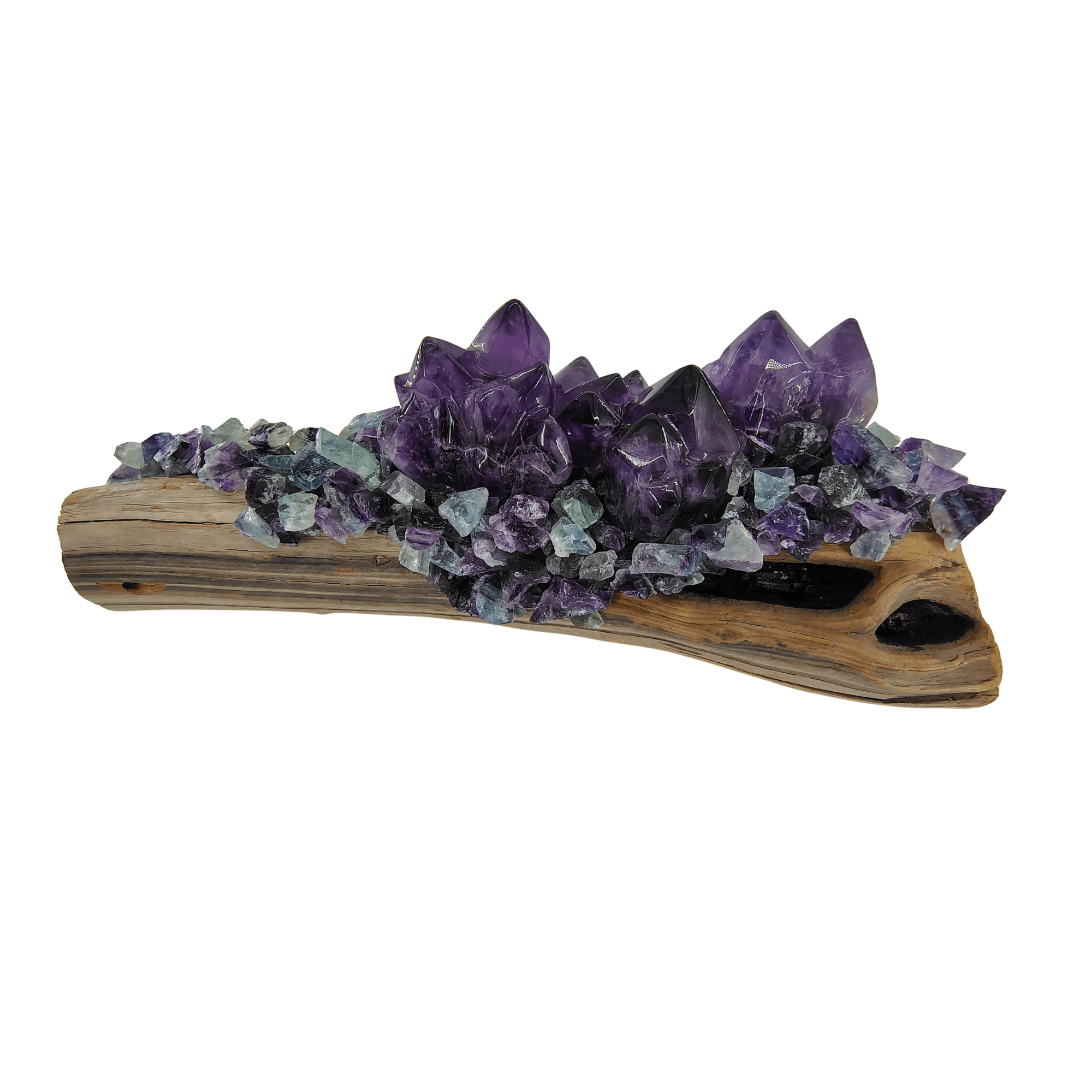 Amethyst, Rainbow Fluorite on Hardwood