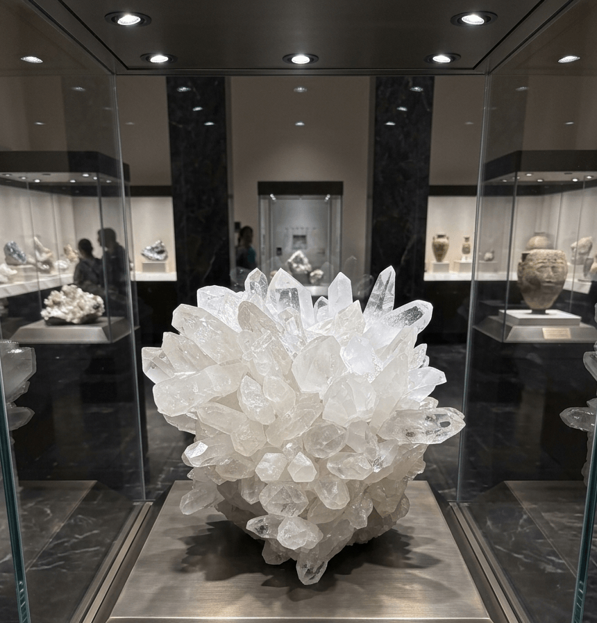 Large white crystal cluster on display in a glass case at a museum.