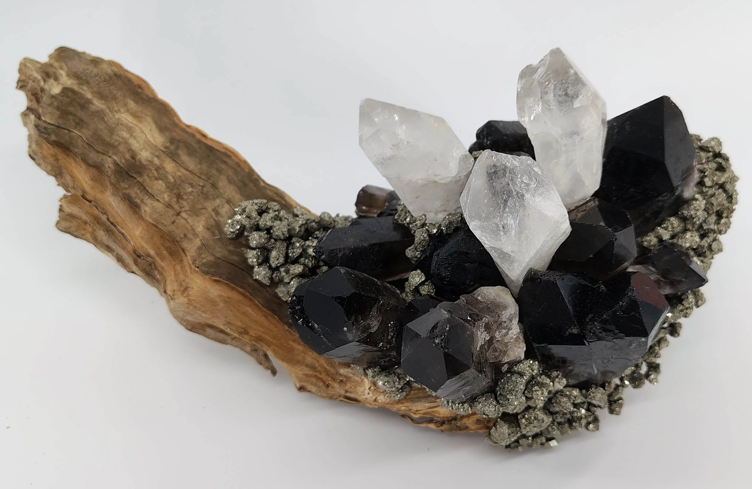 Clear quartz,smokey quartz,pyrite,on hardwood 2.jpg