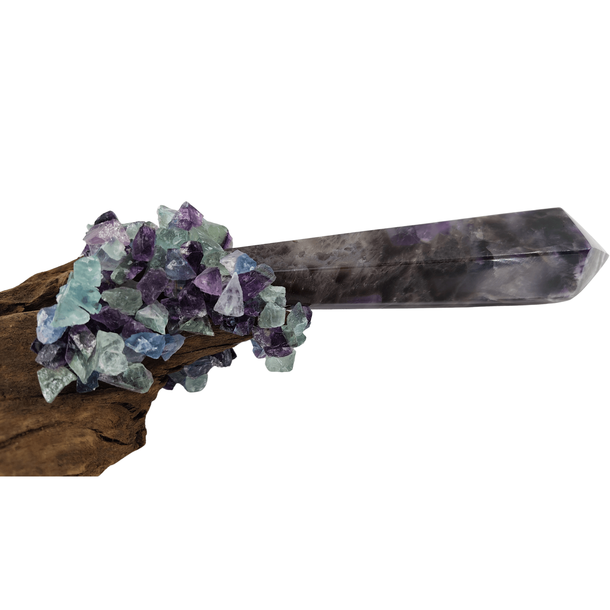Chevron Amethyst, Rainbow Flourite on Riverwood