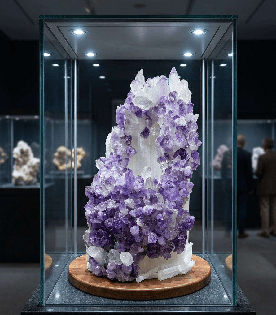 Amethyst sculpture on a wooden base inside a glass display case at a museum.