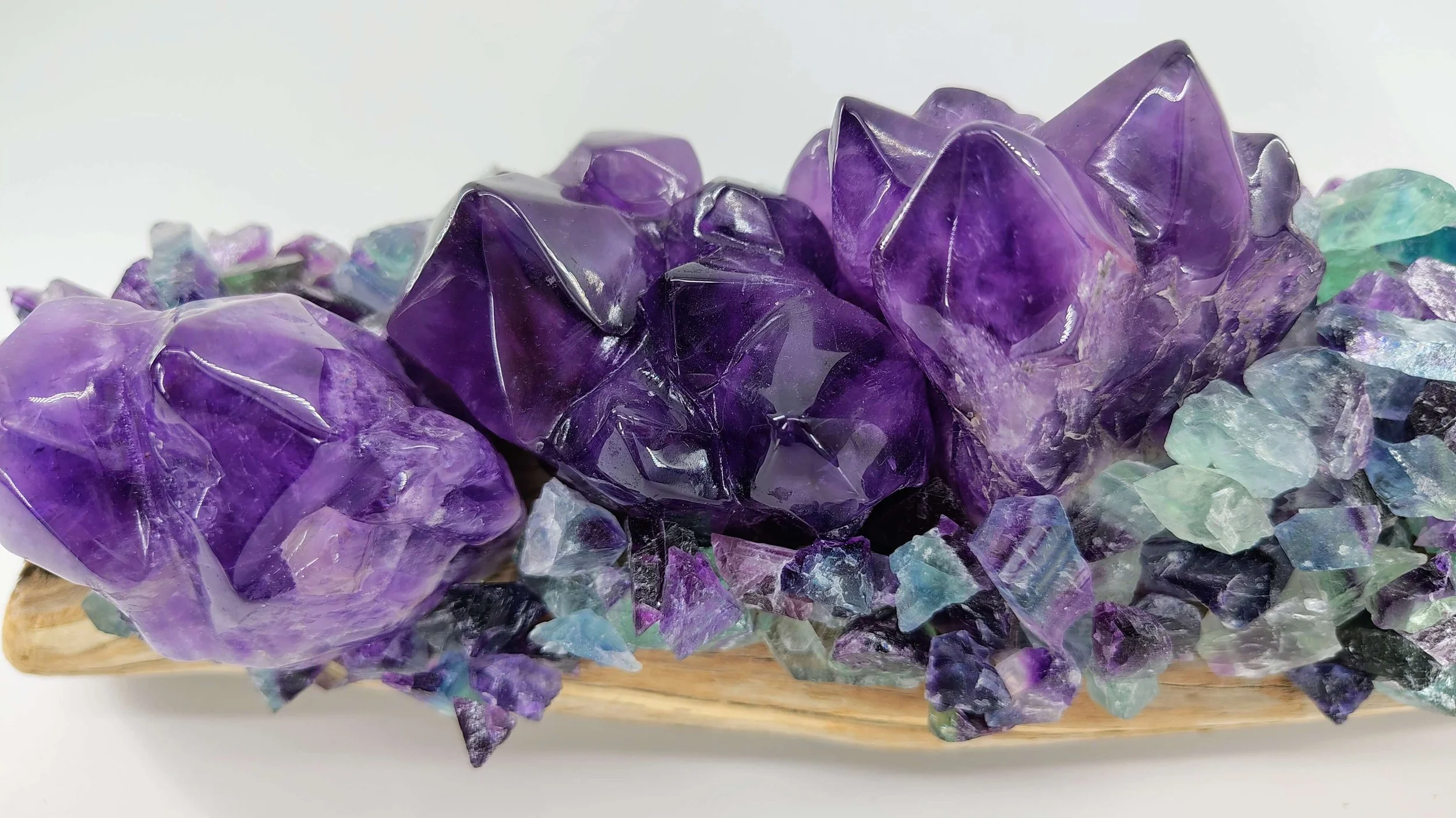 Amethyst,rainbow flourite on hardwood 3.jpg